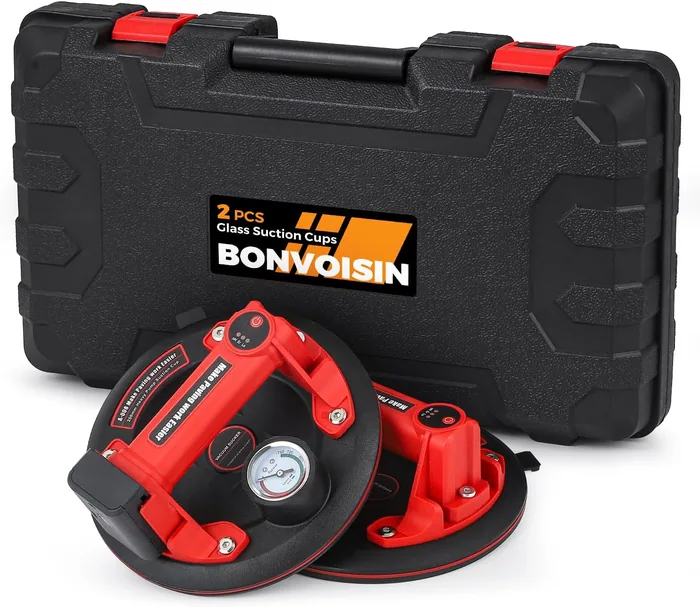 Bonvoisin 2Pcs 440lbs Elektrischer Vakuum-Saugheber Gripster 2 Stück mit Lithium-Batterie, 440 lbs max. Tragfähigkeit, mit Manometer, Dreischicht Gummi , für